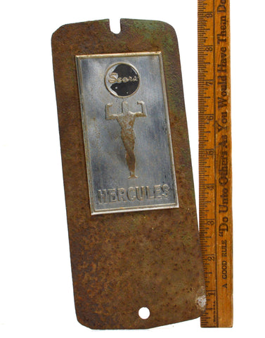 Vintage "SEARS HERCULES" FURNACE BADGE Aluminum on Steel EMBLEM Sign LOGO PLATE