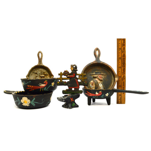 Vintage MINIATURE CAST IRON LOT of 6 + ALUM. ANVIL SHAKER! 3-Signed JOHN WRIGHT