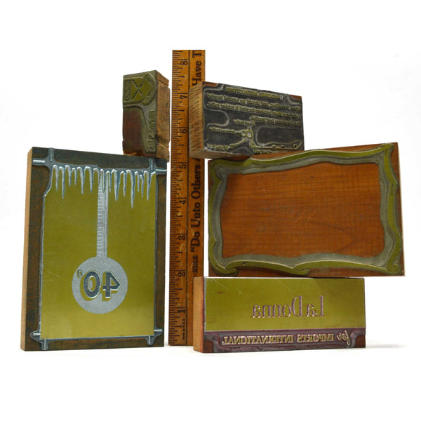 Antique WOOD-BACK PRINT BLOCK Printing Blocks LOT OF 5 Frame/Boarder ADVERTISING