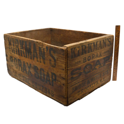 Antique WOOD CRATE "KIRKMAN'S BORAX SOAP" Large Wooden Box "SAVE THE COUPONS"