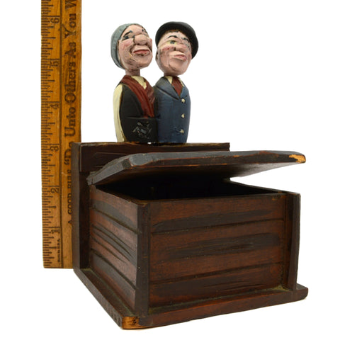 Antique FOLK ART TRINKET BOX Figural Man/Woman MECHANICAL LID/NECK ACTION c.19th