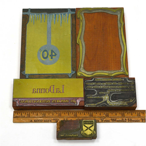 Antique WOOD-BACK PRINT BLOCK Printing Blocks LOT OF 5 Frame/Boarder ADVERTISING