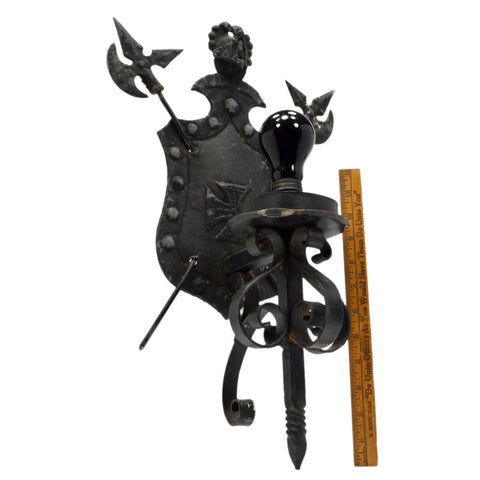 Vintage WROUGHT IRON COAT OF ARMS Wall Plaque LIGHT FIXTURE Medieval Axes WORKS!