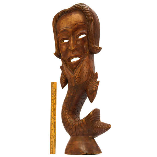 Vintage HAND-CARVED WOOD MERMAN WALL-HANGING 25" Hardwood Man/Fish Statue UNIQUE