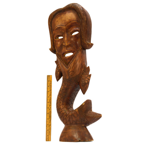 Vintage HAND-CARVED WOOD MERMAN WALL-HANGING 25" Hardwood Man/Fish Statue UNIQUE
