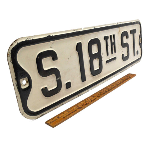 Vintage PRESSED STEEL STREET SIGN "S. 18TH ST." Black on White ROAD/TRAFFIC SIGN