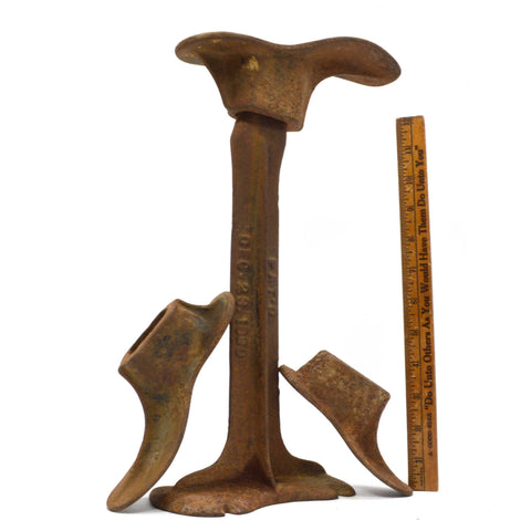 Antique CAST IRON COBBLER'S ANVIL SET Embossed Stand + 3 SHOES "PAT DEC 23 1890"