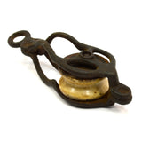 Antique CAST IRON & PORCELAIN PULLEY Unusual 1.75" SINGLE WHEEL Barn/Farm PATINA