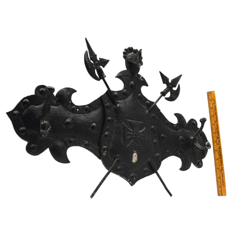 Vintage ALUMINUM OF ARMS 2-Hooks COAT HANGER Wall Plaque w/ BATTLE AXES