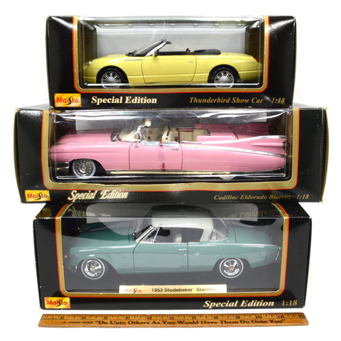 Lot of 3! MAISTO DIECAST CARS 1:18 Scale PINK CADILLAC Studebaker & THUNDERBIRD!