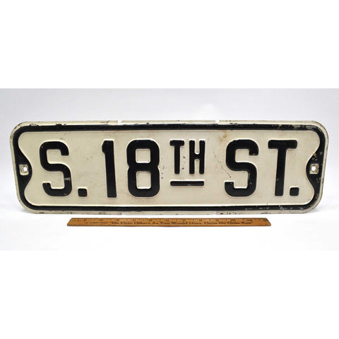 Vintage PRESSED STEEL STREET SIGN "S. 18TH ST." Black on White ROAD/TRAFFIC SIGN