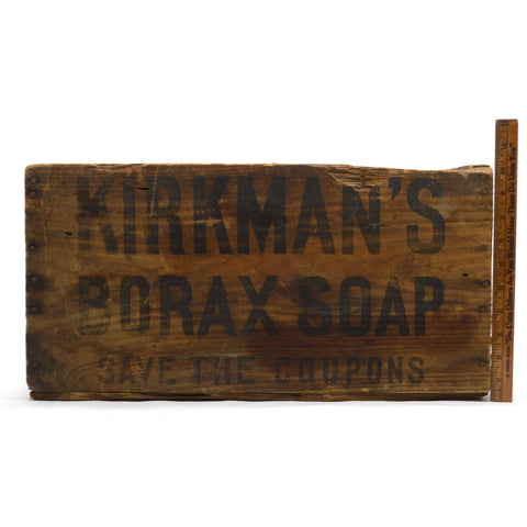 Antique WOOD CRATE "KIRKMAN'S BORAX SOAP" Large Wooden Box "SAVE THE COUPONS"