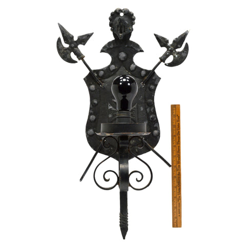 Vintage WROUGHT IRON COAT OF ARMS Wall Plaque LIGHT FIXTURE Medieval Axes WORKS!
