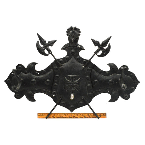 Vintage ALUMINUM OF ARMS 2-Hooks COAT HANGER Wall Plaque w/ BATTLE AXES