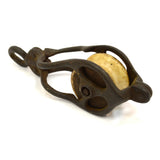 Antique CAST IRON & PORCELAIN PULLEY Unusual 1.75" SINGLE WHEEL Barn/Farm PATINA