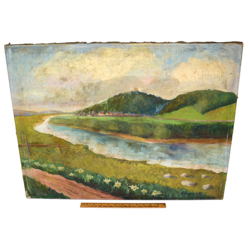 Antique ORIGINAL ART Oil Painting RIVER THRU GRASSLANDS LANDSCAPE Signed & Dated