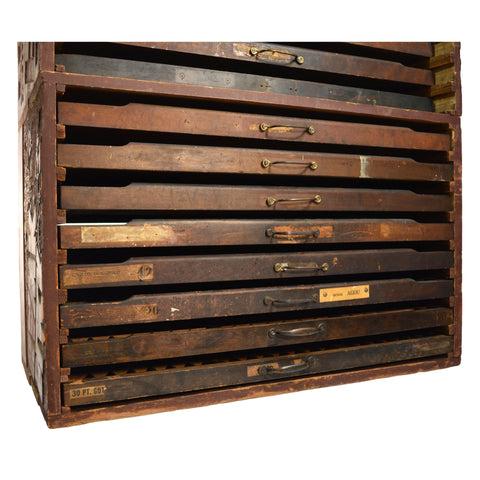 Antique HOMEMADE PRINTERS CABINET w/ 16 HAMILTON DRAWERS Inverted Ads SO UNIQUE!