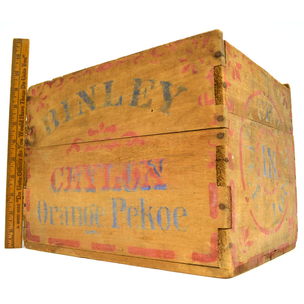 Vintage BINLEY WOODEN TEA CRATE Wood Box (NO Lid) ORANGE PEKOE Sri Lanka CEYLON