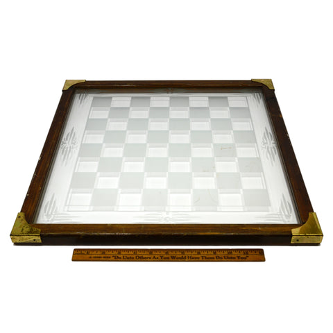 Vintage WOOD & FROSTED GLASS CHESS BOARD Checkers Game-Board with 1.75" SQUARES