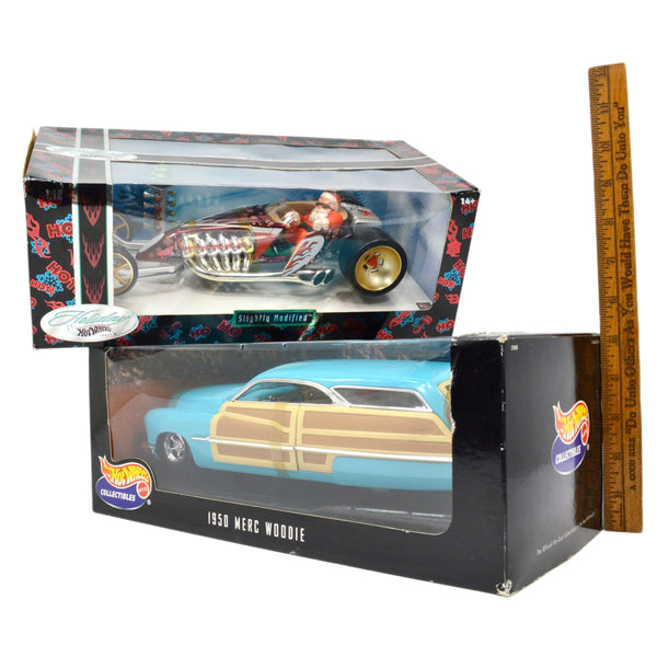 Lot of 2 HOT WHEELS DIECAST CARS 1:18 Scale SANTA SLIGHTLY MODIFIED +Merc Woodie