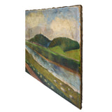 Antique ORIGINAL ART Oil Painting RIVER THRU GRASSLANDS LANDSCAPE Signed & Dated