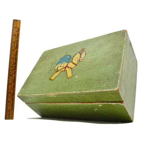 VTG/Antique WOOD TRINKET CHEST Old Green WOODEN FOLK ART BOX Hand-Painted Horse