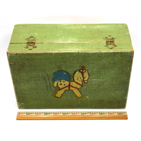 VTG/Antique WOOD TRINKET CHEST Old Green WOODEN FOLK ART BOX Hand-Painted Horse
