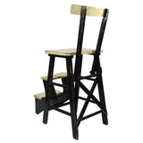 Vintage KITCHEN STEP STOOL CHAIR Wood Chair w/ 2 FLIP-OUT STEPS Old B&W PAINT!