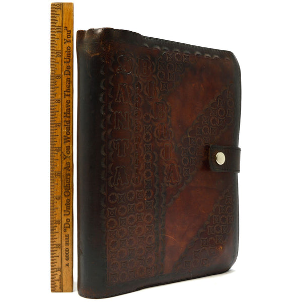 Vintage ITALIAN BIBLE COVER 8x11 Tooled Leather "SANTA BIBLIA" Snap Button "SM"