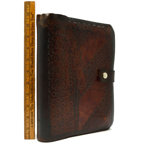 Vintage ITALIAN BIBLE COVER 8x11 Tooled Leather "SANTA BIBLIA" Snap Button "SM"