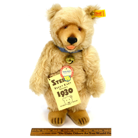STEIFF "TEDDY BABY" BEAR Rare 1930 Replica #0176/29 w/ COLLAR & BELL 11" Blonde