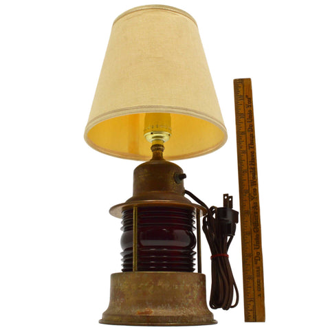 Vintage FOLK ART BRASS TABLE LAMP w/ Light Up RED GLASS RR LANTERN GLOBE Unique!