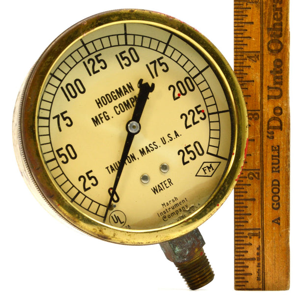 Vintage HODGMAN MFG. CO. WATER GAUGE 3.75" Brass & Glass 0-250 (PSI?) STEAMPUNK!