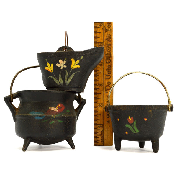 Vintage MINIATURE CAST IRON Lot of 3 Hand-Painted WILTON COAL BUCKET Kettle POT