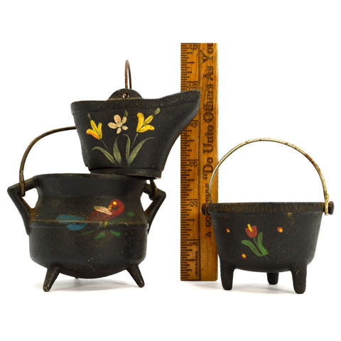 Vintage MINIATURE CAST IRON Lot of 3 Hand-Painted WILTON COAL BUCKET Kettle POT