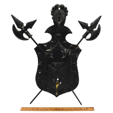 Vintage ALUMINUM COAT OF ARMS Wall Plaque CROSSED MEDIEVAL BATTLE AXES