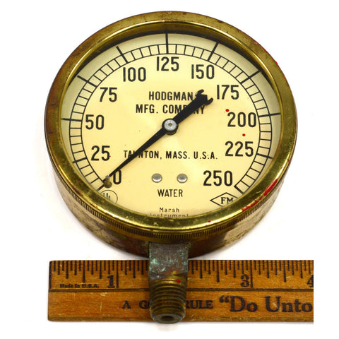 Vintage HODGMAN MFG. CO. WATER GAUGE 3.75" Brass & Glass 0-250 (PSI?) STEAMPUNK!