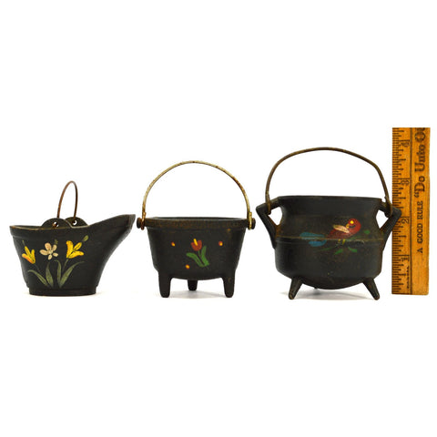 Vintage MINIATURE CAST IRON Lot of 3 Hand-Painted WILTON COAL BUCKET Kettle POT
