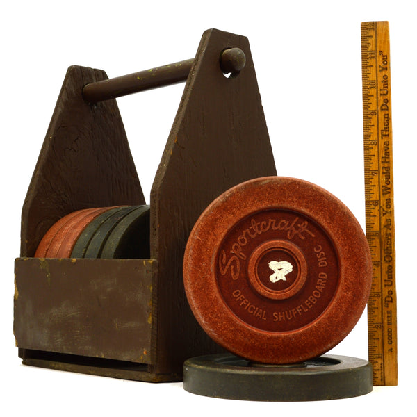 Vintage SPORTCRAFT SHUFFLEBOARD DISC Set of 8 in HOMEMADE WOOD CADDY / CARRIER