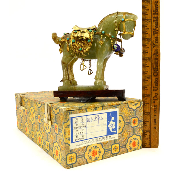 Antique CHINESE CARVED JADE HORSE Gold-Gilt & Enamel JEWELED SADDLE-BRIDLE + Box