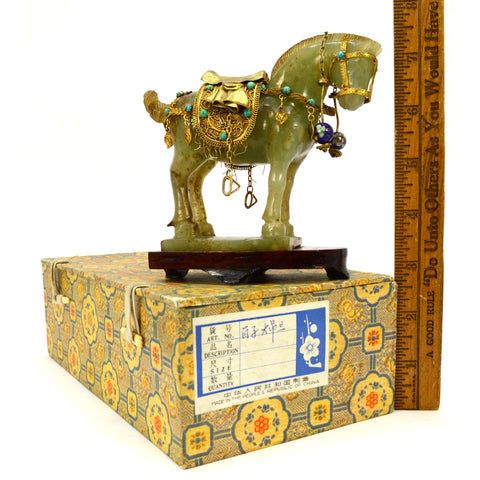 Antique CHINESE CARVED JADE HORSE Gold-Gilt & Enamel JEWELED SADDLE-BRIDLE + Box