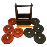 Vintage SPORTCRAFT SHUFFLEBOARD DISC Set of 8 in HOMEMADE WOOD CADDY / CARRIER