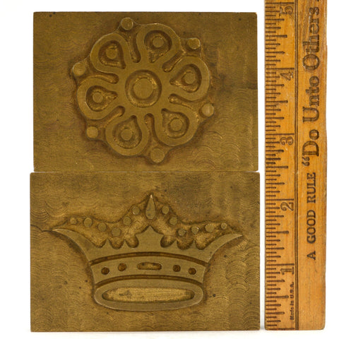 Vintage SOLID BRASS LETTERPRESS SYMBOLS Lot of 2 PRINTER'S BLOCKS Flower & Crown