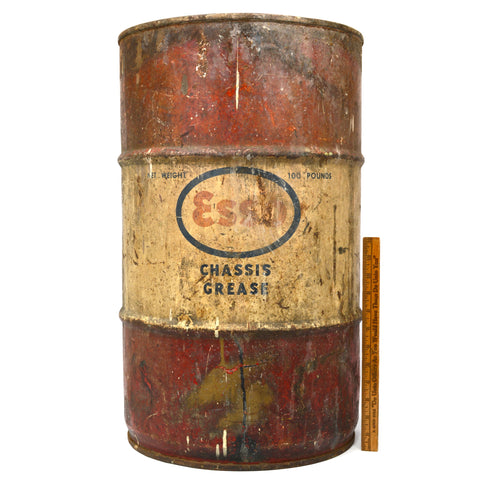 Vintage ESSO "CHASSIS GREASE" DRUM "100 Pounds" Barrel/Can 24"T x 14" dia PATINA