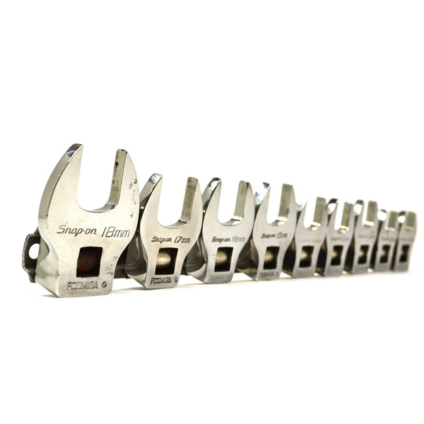 Briefly Used SNAP-ON CROWFOOT SOCKET SET 9 Sockets + Rail FCOM 10mm-18mm METRIC