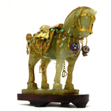 Antique CHINESE CARVED JADE HORSE Gold-Gilt & Enamel JEWELED SADDLE-BRIDLE + Box
