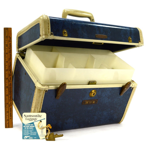 Vintage SAMSONITE #4712 LADIES TRAIN CASE 13"x8"x9" w/ TAG, TRAY & KEY Dark Blue