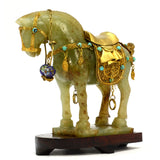 Antique CHINESE CARVED JADE HORSE Gold-Gilt & Enamel JEWELED SADDLE-BRIDLE + Box