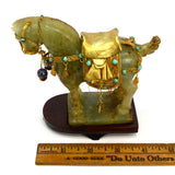 Antique CHINESE CARVED JADE HORSE Gold-Gilt & Enamel JEWELED SADDLE-BRIDLE + Box