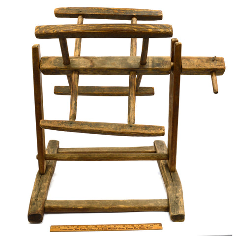 Antique YARN WINDER Primitive & Crude STRING SPINNER Oak WOOD NAILS Decor c.19th